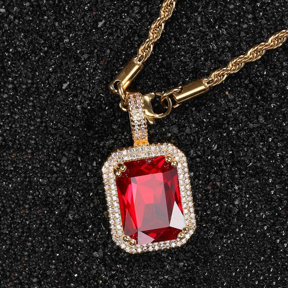 Men's Hip Hop Solid Square Colored Gemstone Fashion Personality Micro Inlaid Pendant