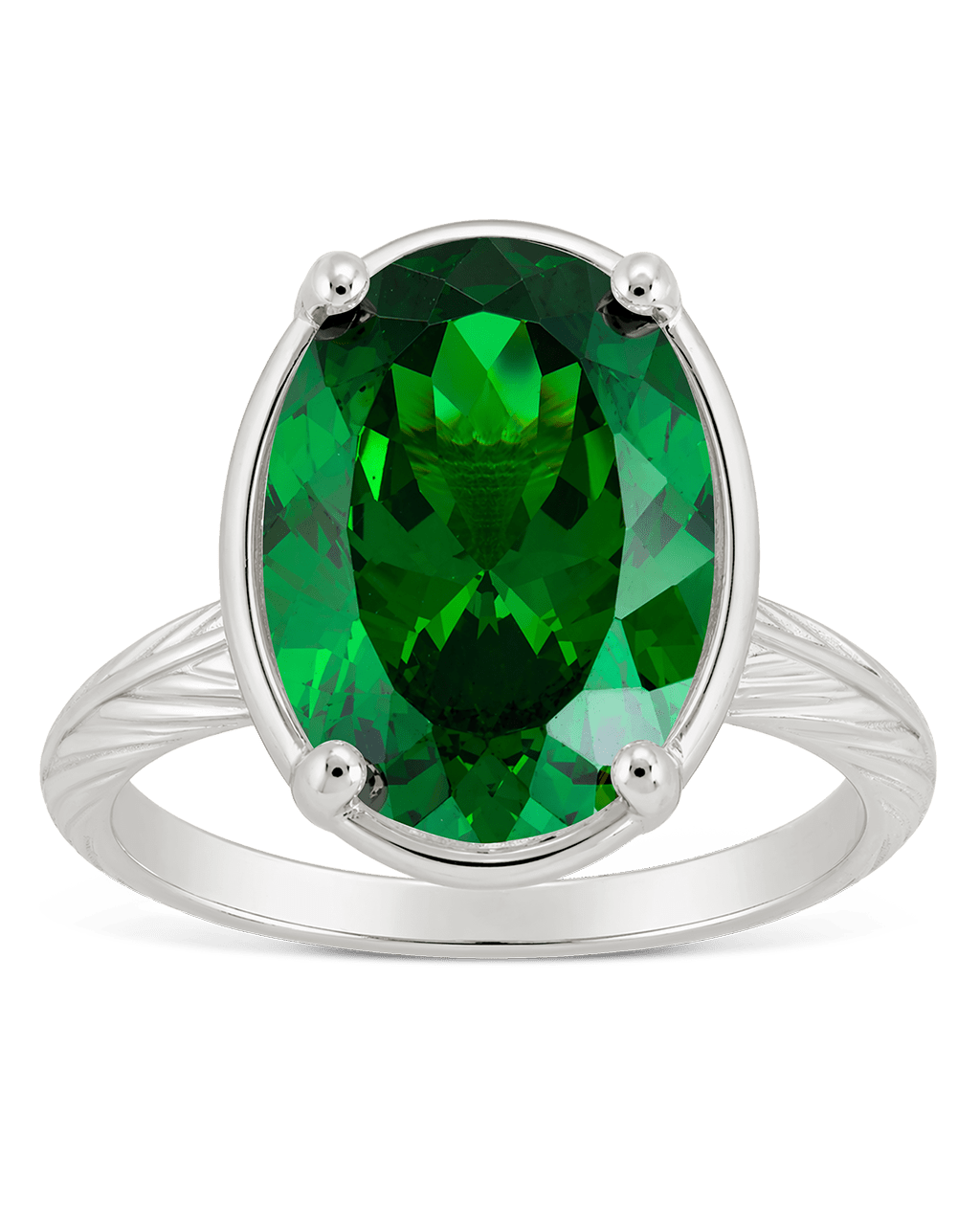 Sterling Silver Oval Cut Emerald CZ Cocktail Ring