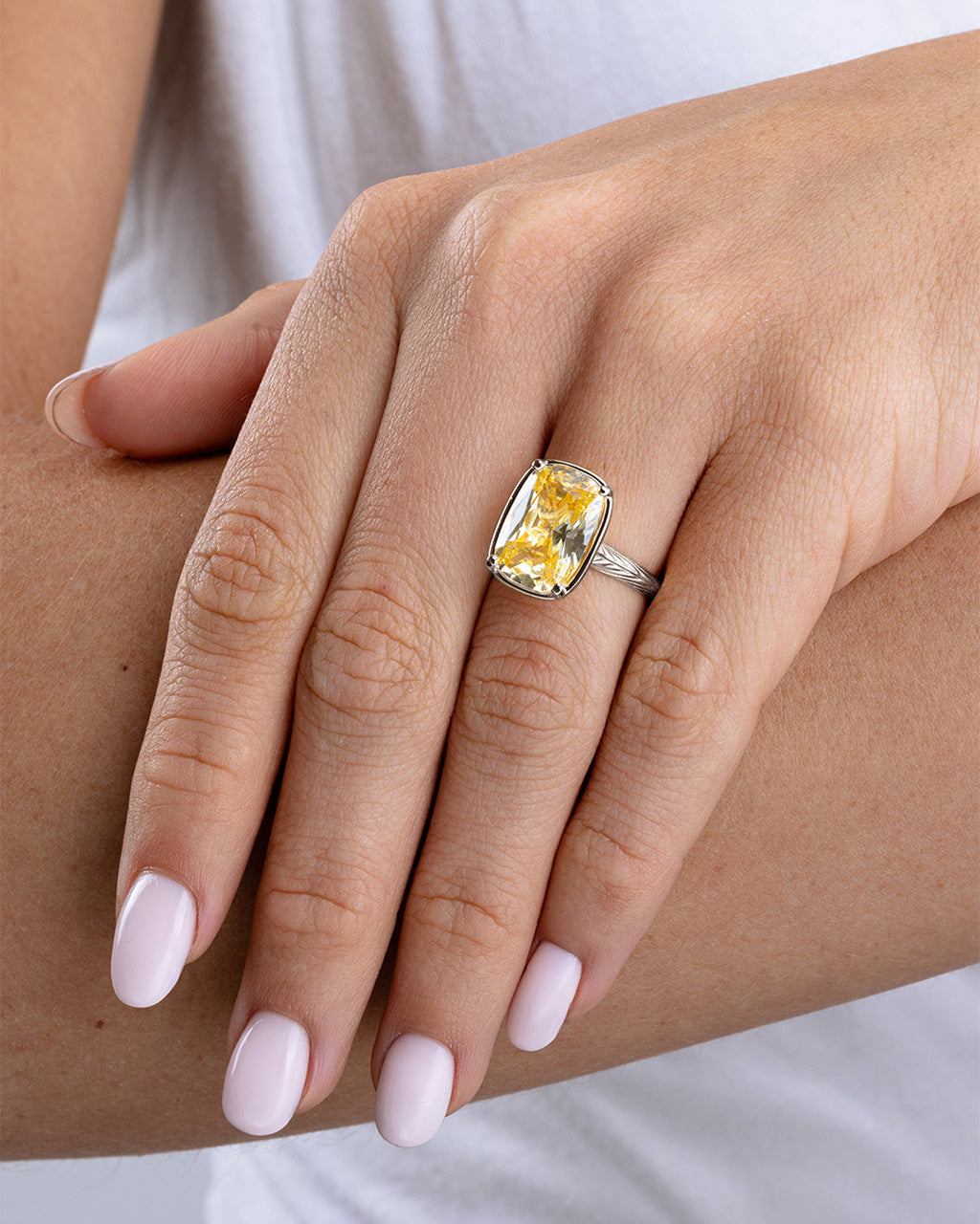 Sterling Silver Elongated Cushion Light Yellow CZ Cocktail Ring