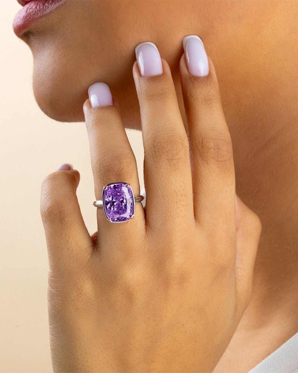 Sterling Silver Elongated Cushion Amethyst CZ Cocktail Ring