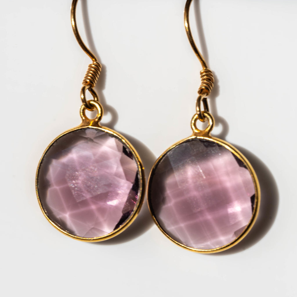Amethyst Round Drop Earrings Gold Plated Gemstone Dangles