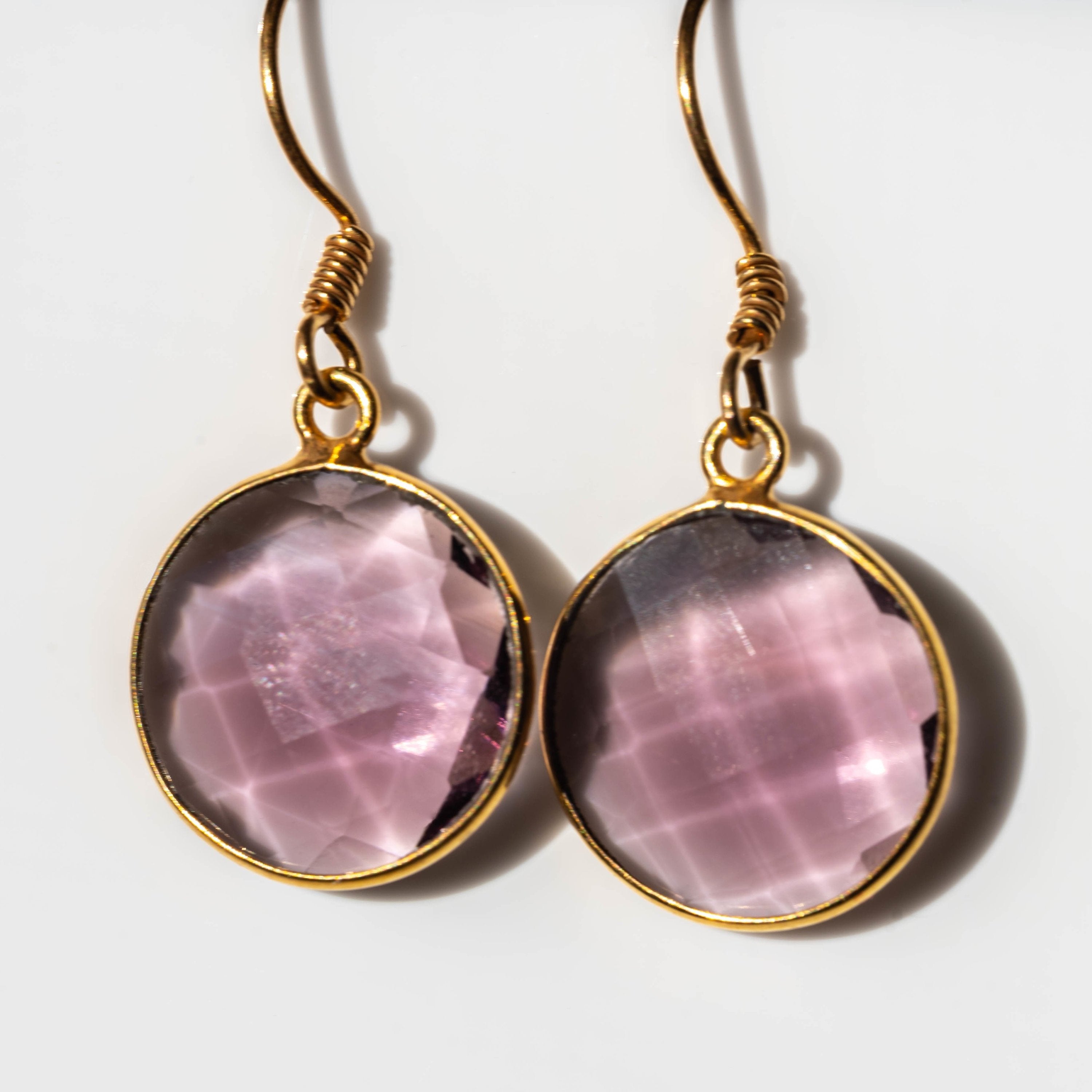 Amethyst Round Drop Earrings Gold Plated Gemstone Dangles