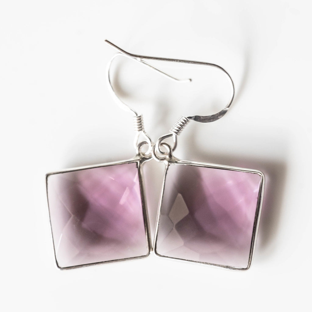Amethyst Square Drop Earrings Silver Frame Faceted Dangle