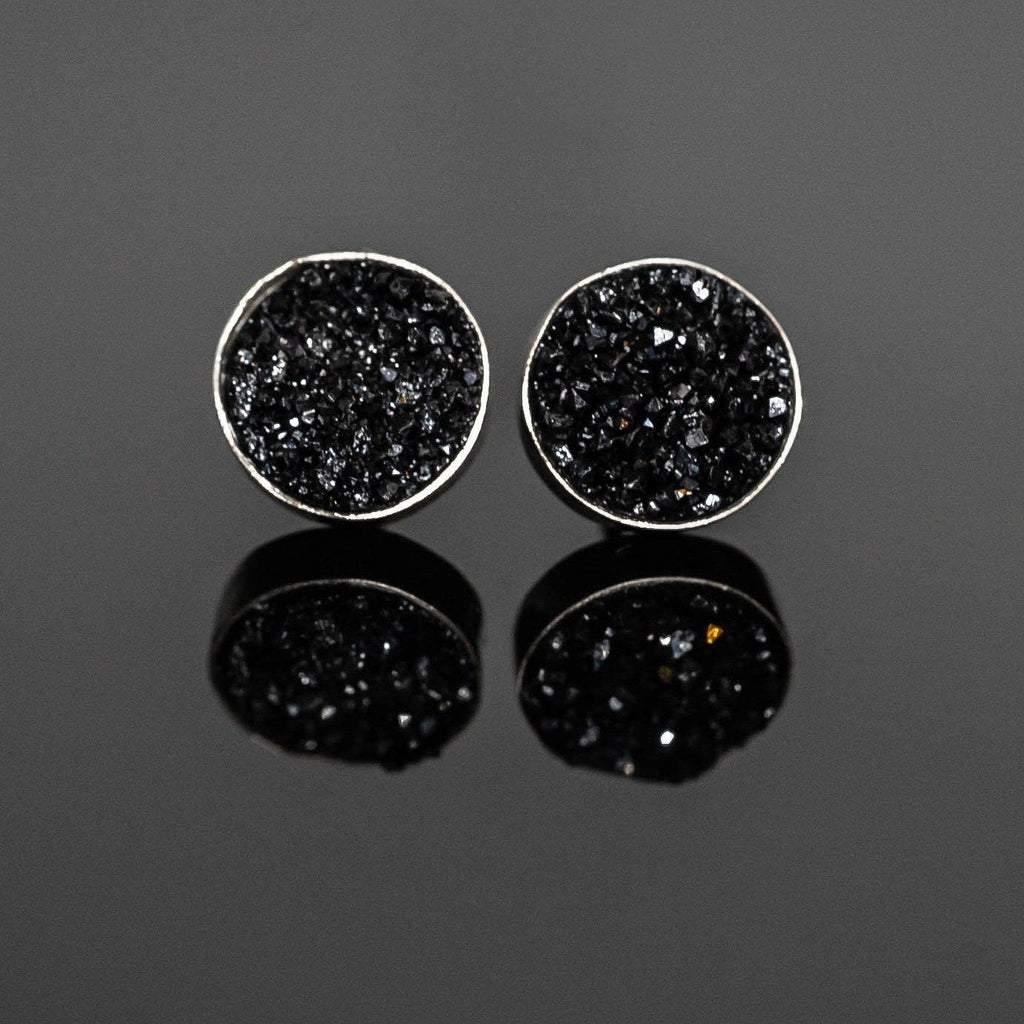 Black Druzy Round Stud Earrings Sterling Silver Minimalist