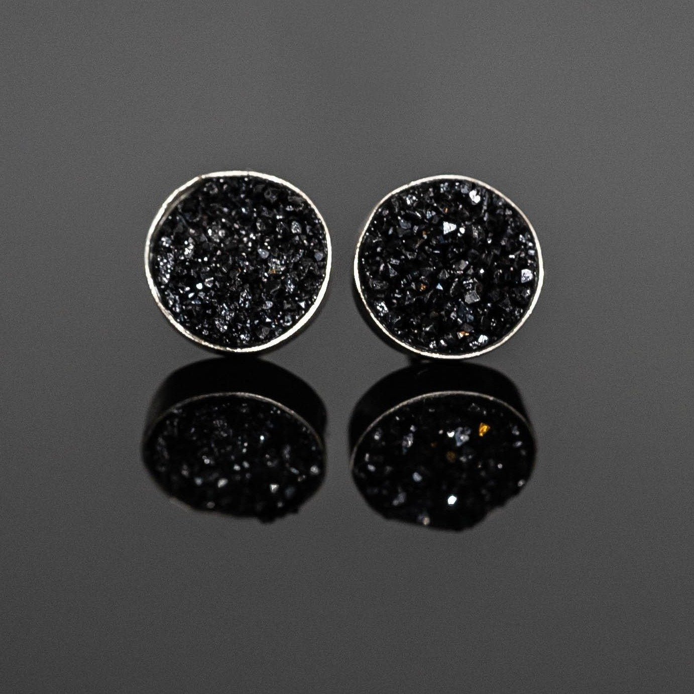 Black Druzy Round Stud Earrings Sterling Silver Minimalist