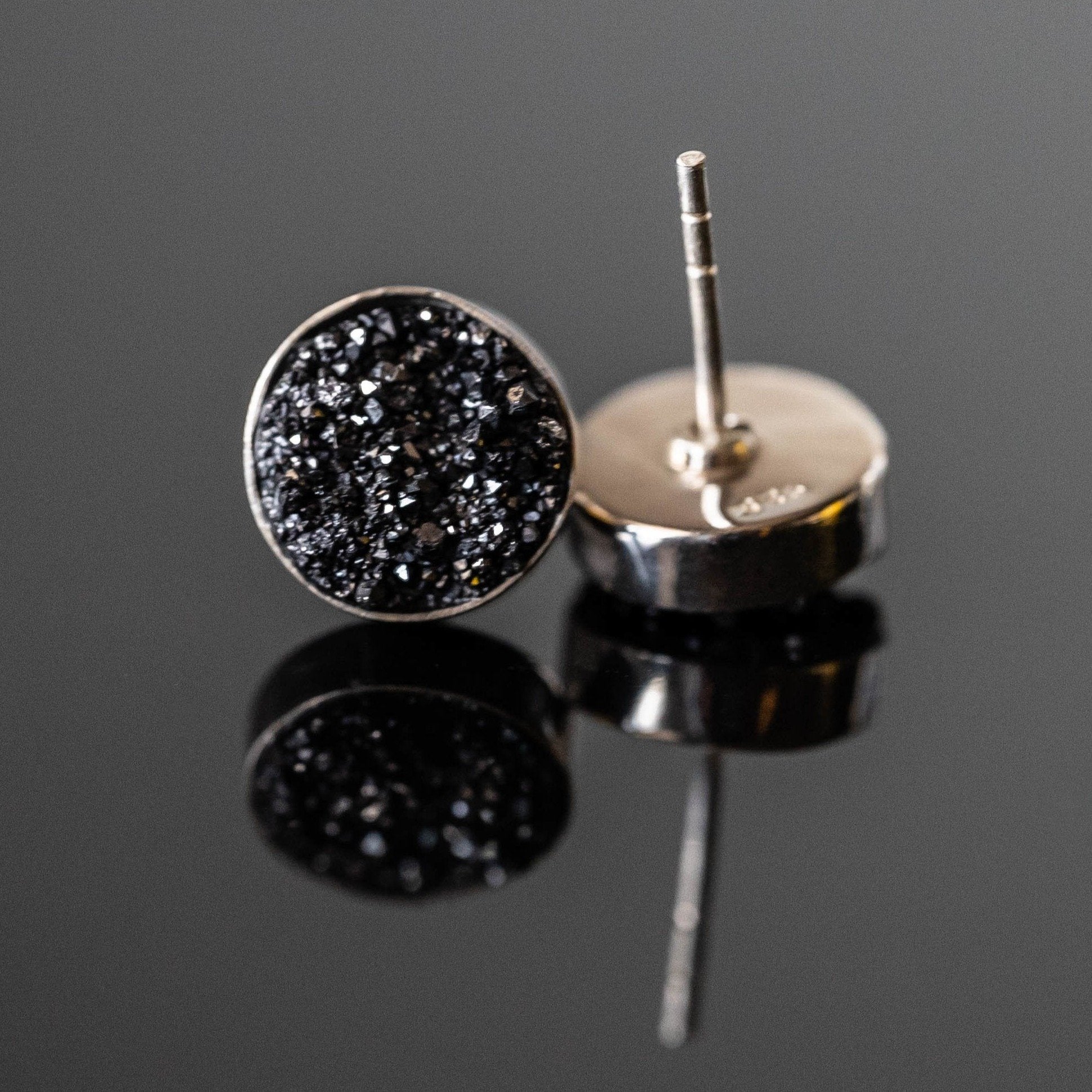 Black Druzy Round Stud Earrings Sterling Silver Minimalist