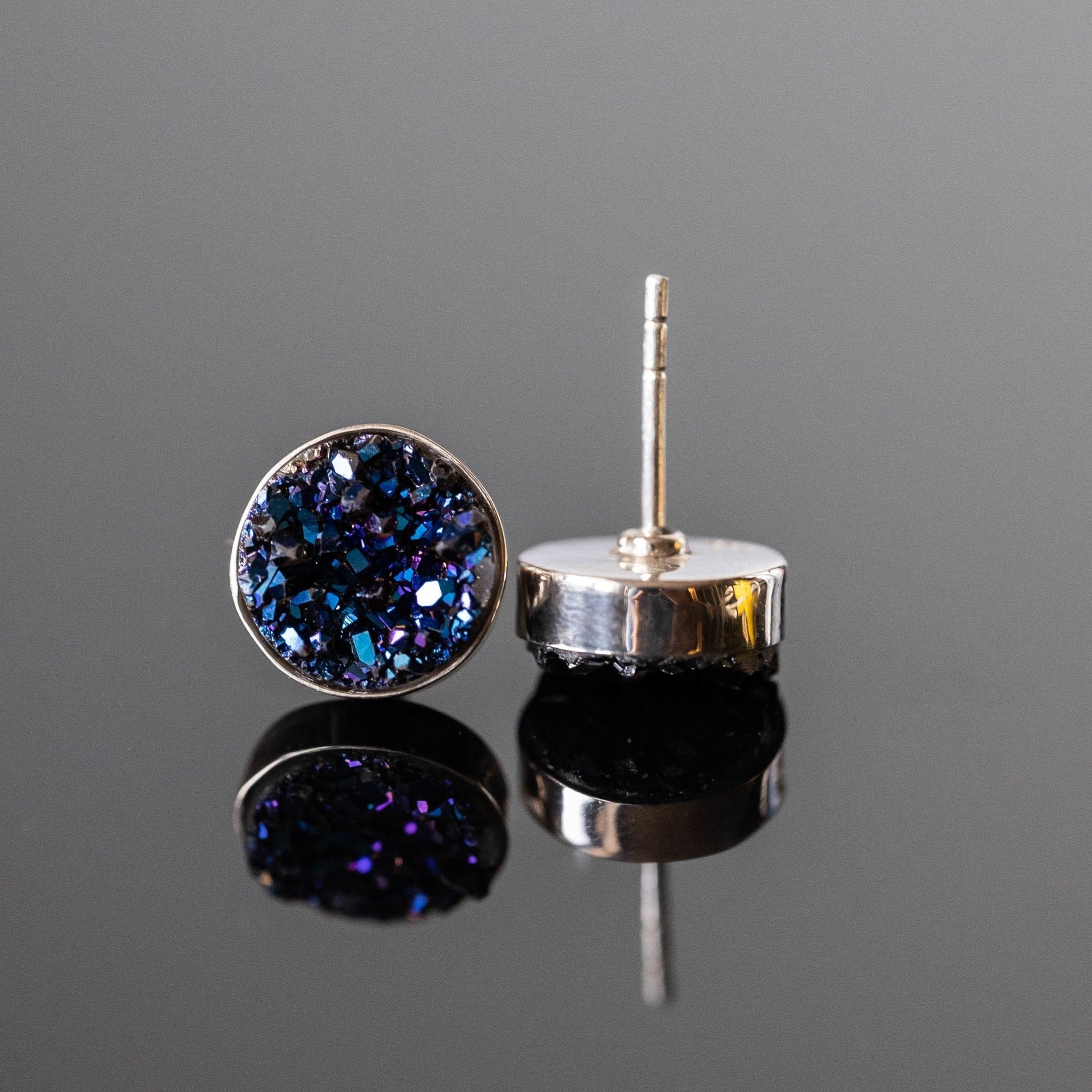Blue Druzy Round Stud Earrings Sterling Silver Posts