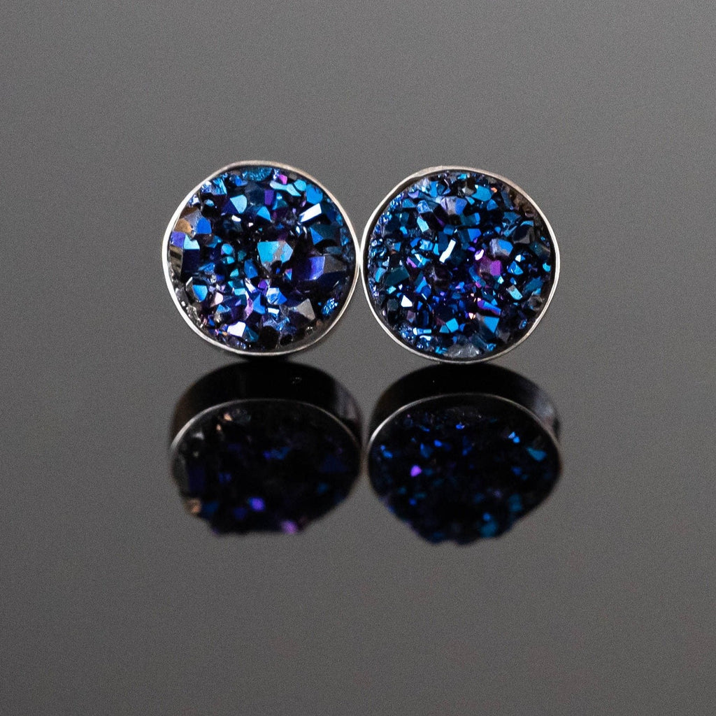 Blue Druzy Round Stud Earrings Sterling Silver Posts