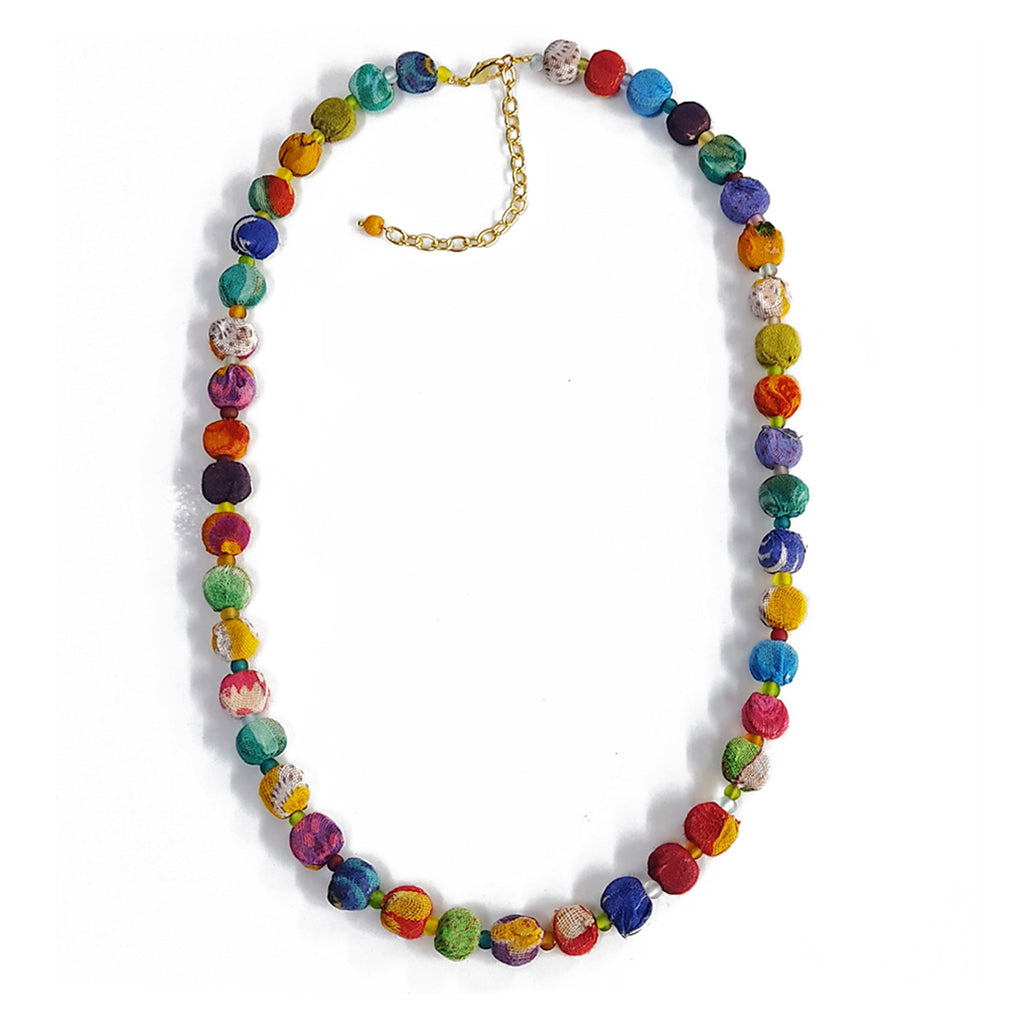 Kantha Bead Necklace Recycled Sari Fabric Handmade Colorful Ethnic Jewelry