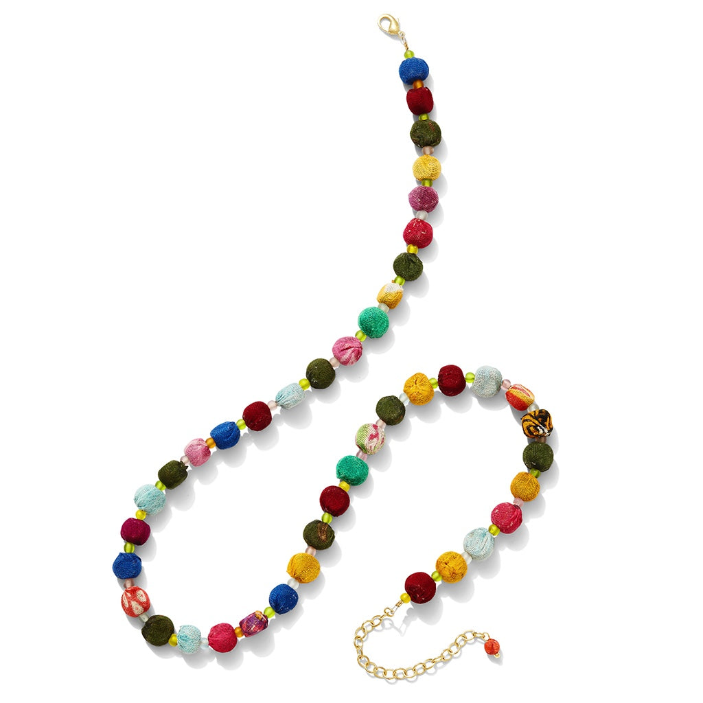 Kantha Bead Necklace Recycled Sari Fabric Handmade Colorful Ethnic Jewelry