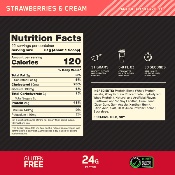 Optimum Nutrition Gold Standard Whey, Strawberries & Cream, 1.5 Lb Tub