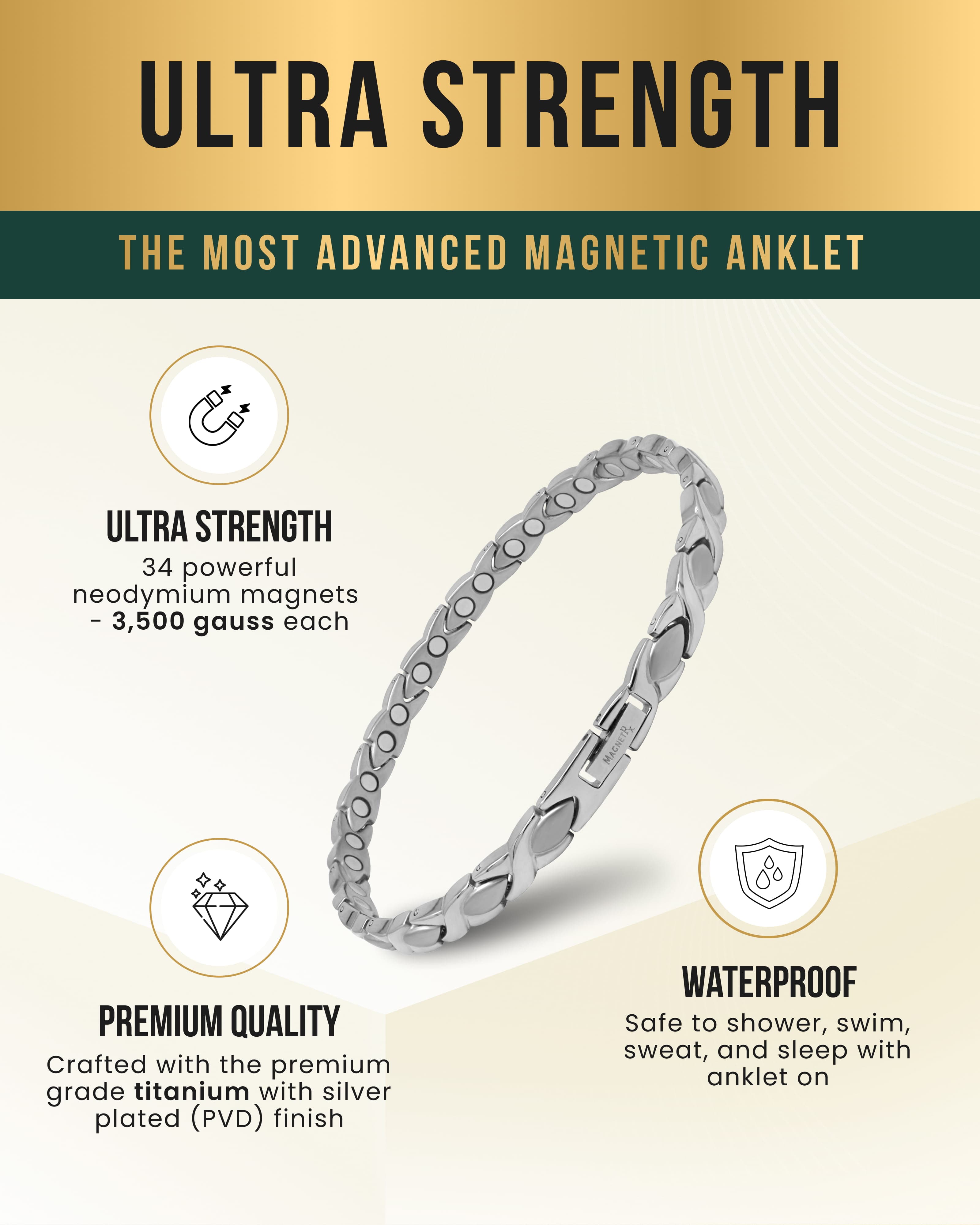 Ultra Strength Titanium Magnetic Therapy Anklet for Women (Silver)