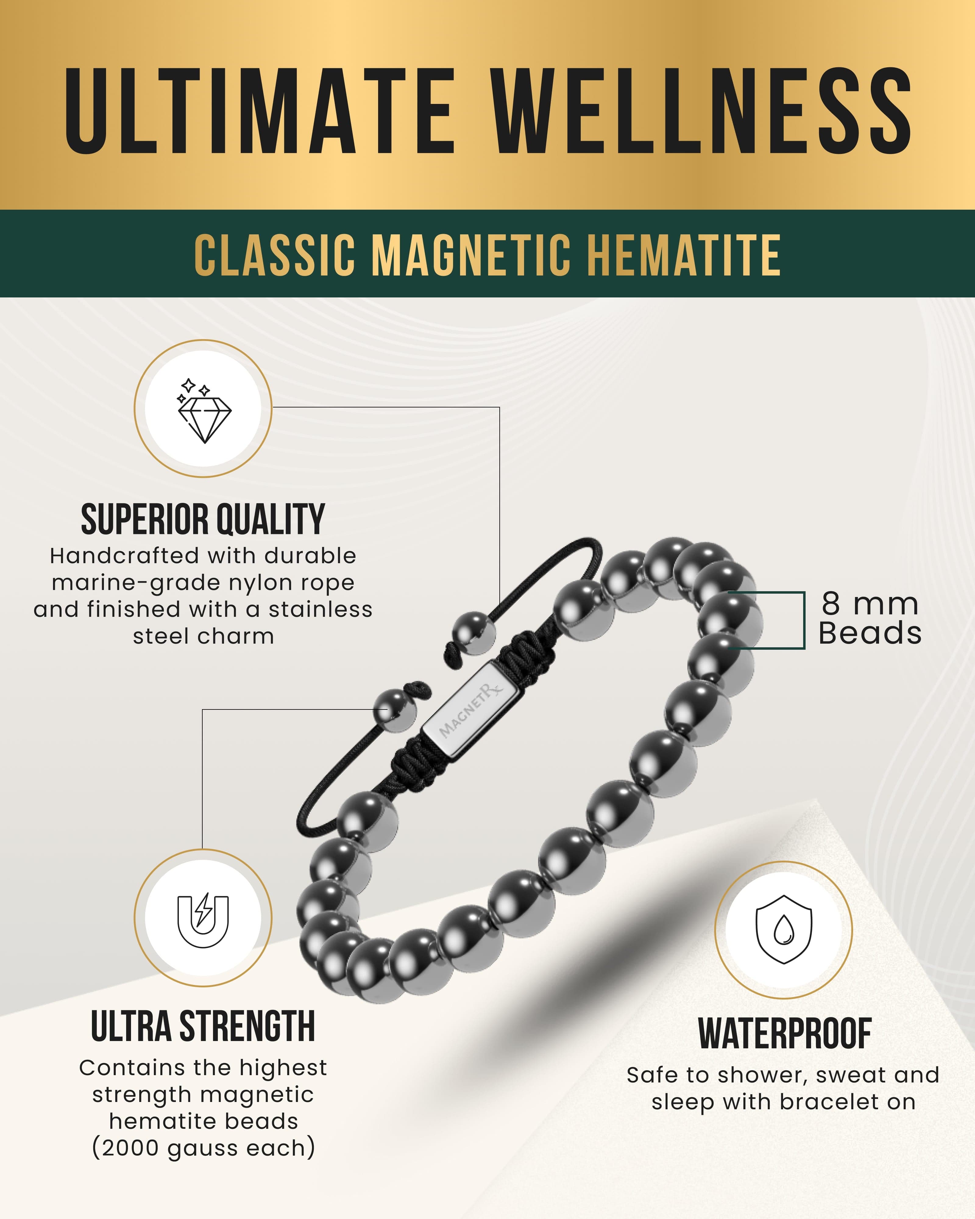 High Power Magnetic Hematite Bracelet Classic 8mm Bead