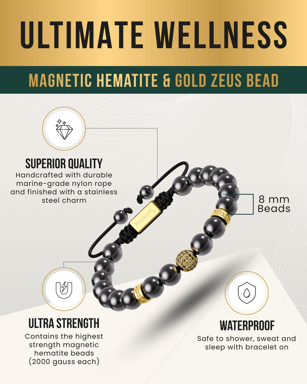 High Power Magnetic Hematite Bracelet Gold Zeus