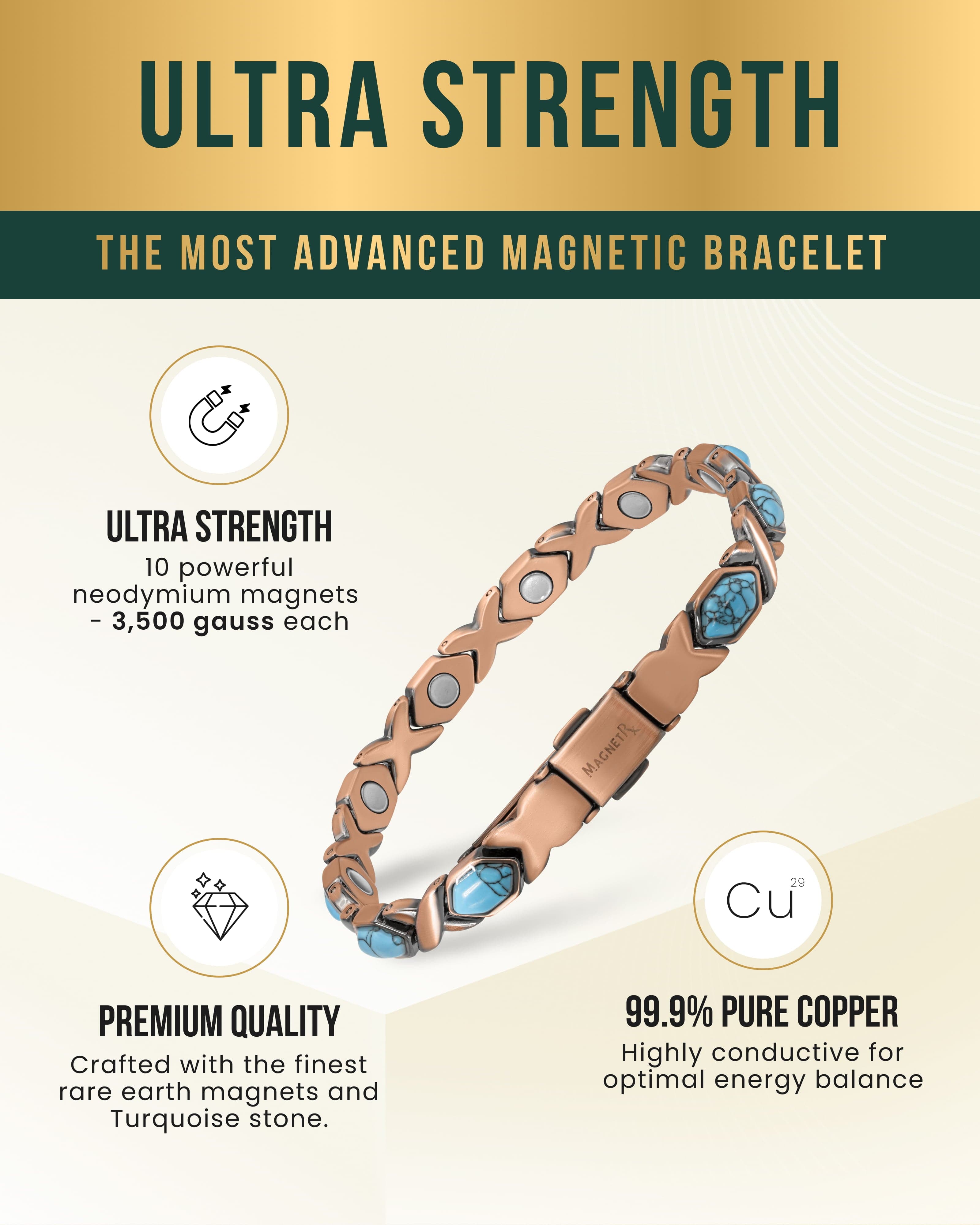 Women's Ultra Strength Pure Copper Magnetic Bracelet (Turquoise XO)