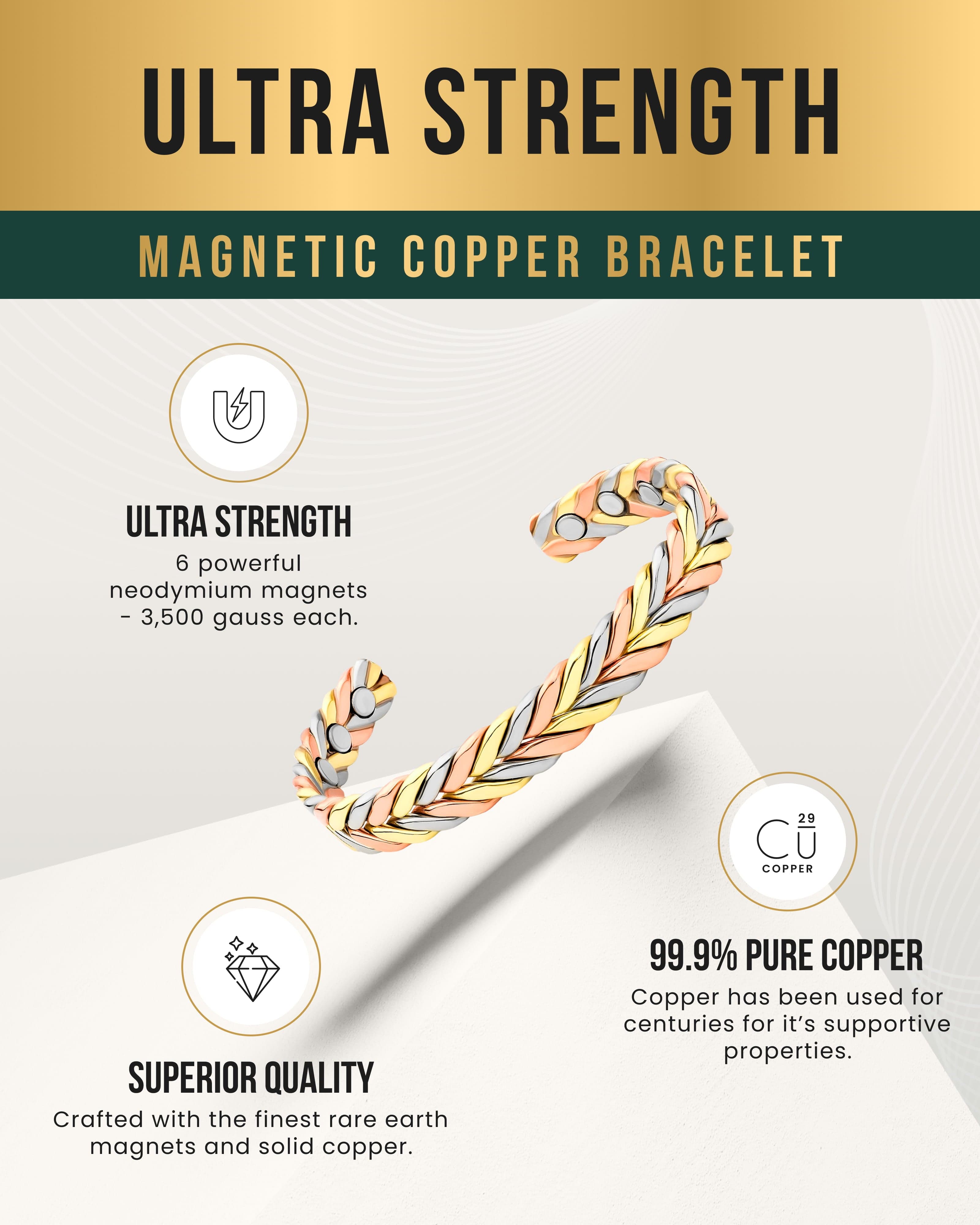 Woven Tri-Tone Magnetic Therapy Bracelet Cuff