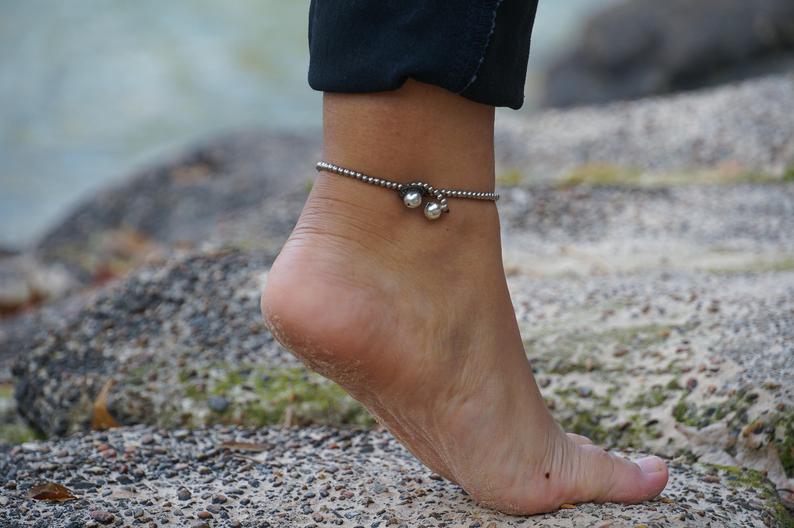 Silver Bell Boho Anklet White Beaded Ankle Bracelet