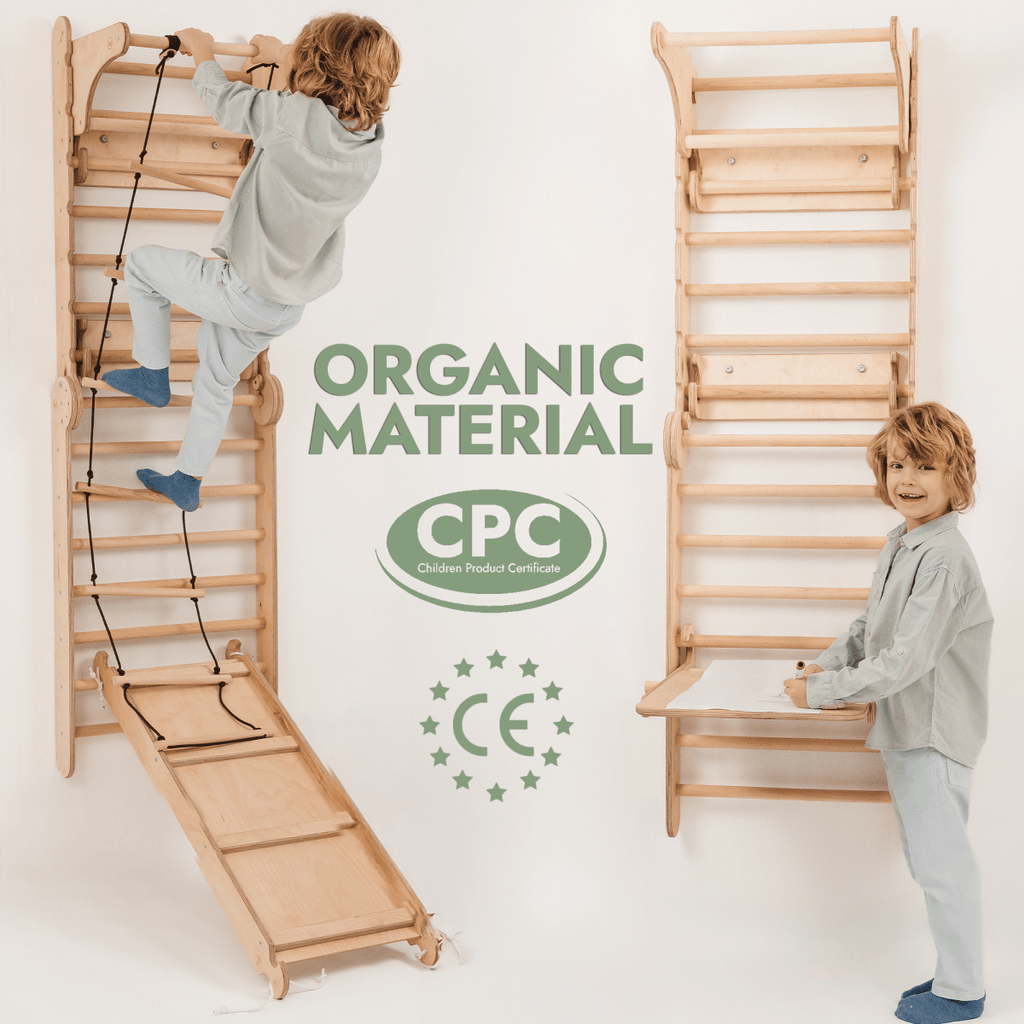 Wooden Swedish Wall / Climbing ladder for Children + Swing Set + Slide Board + Art Add-on