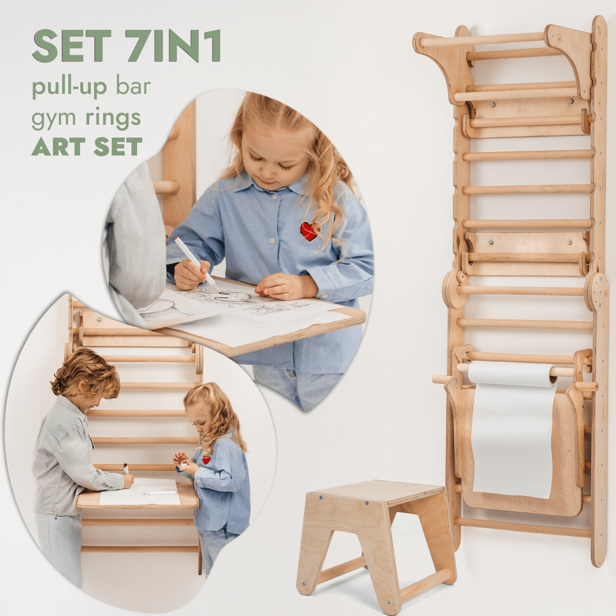 Wooden Swedish Wall / Climbing ladder for Children + Swing Set + Slide Board + Art Add-on
